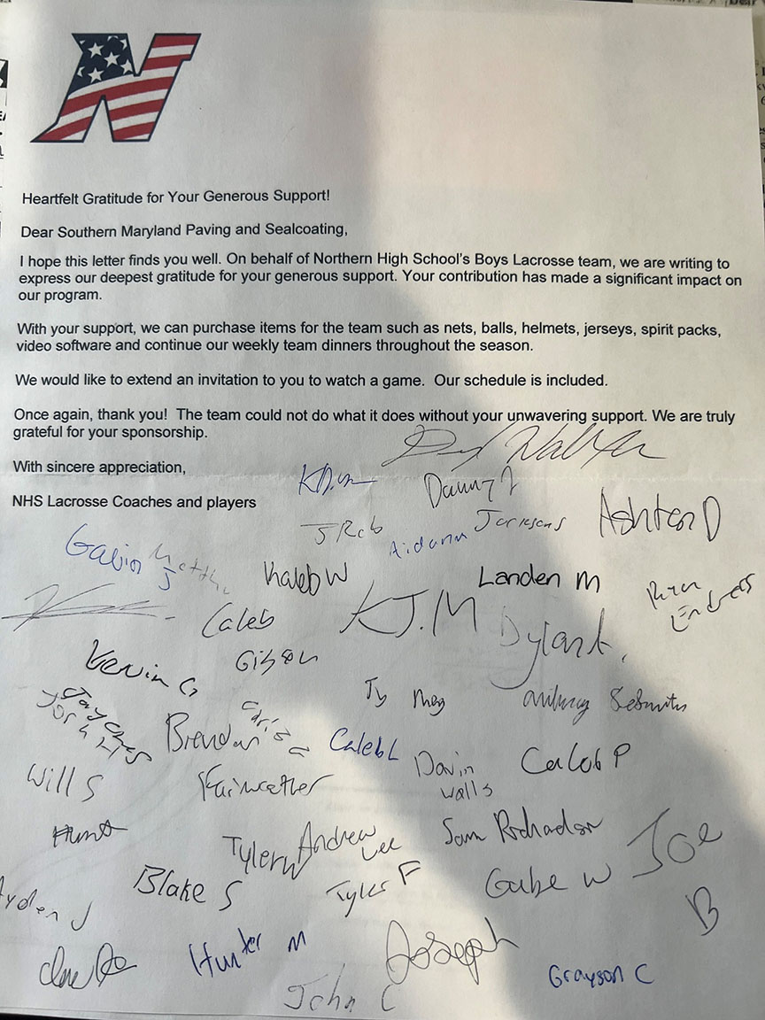 Letter of Thanks for NHS Lacrosse